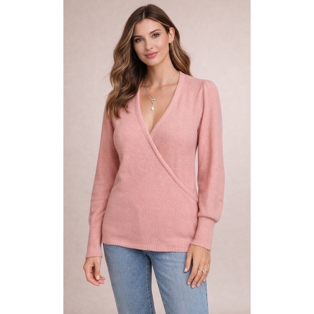 Rachel Parcell Sweater Women XXS Pink Knit Wrap Front Puff Sleeve Preppy Luxury